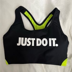 Nike Black and Green Sports Bra with Bold Design